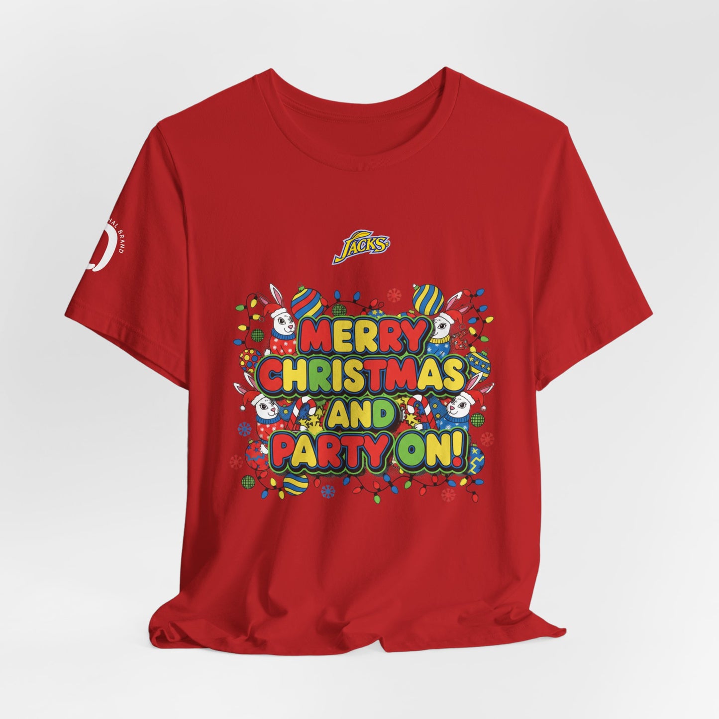 Ophishal Brand Merry Christmas and Party On Tee | ugly Christmas sweater, festive gag sweater